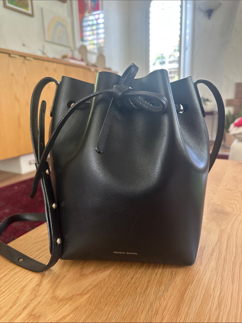 Mansur Gavriel Black Leather Drawstring Bucket Crossbody